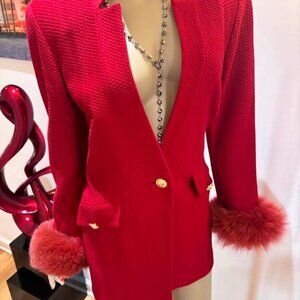 Mrs Santa Christmas special jacket red St John fur trim 12 novelty elegant wool